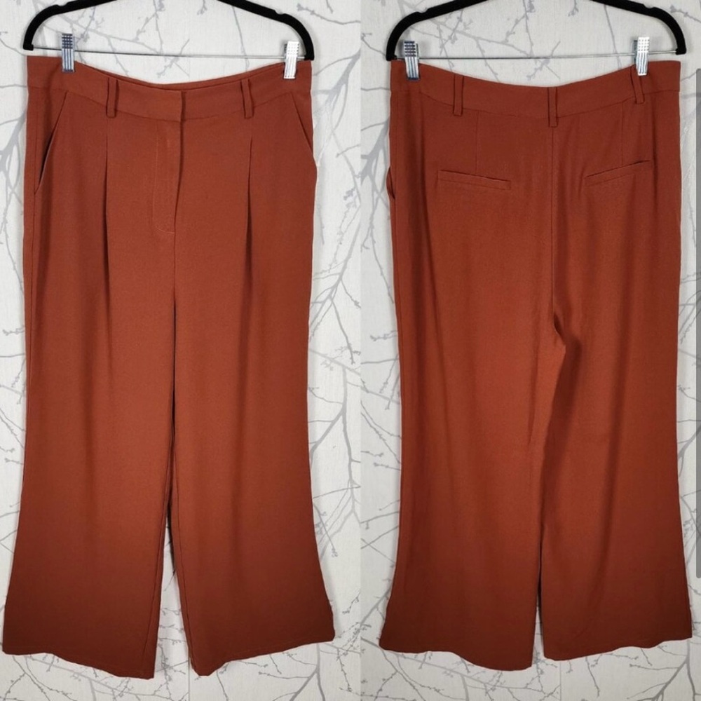 Leith Burnt Orange Pleated Front High Rise Wide Leg Trousers Career